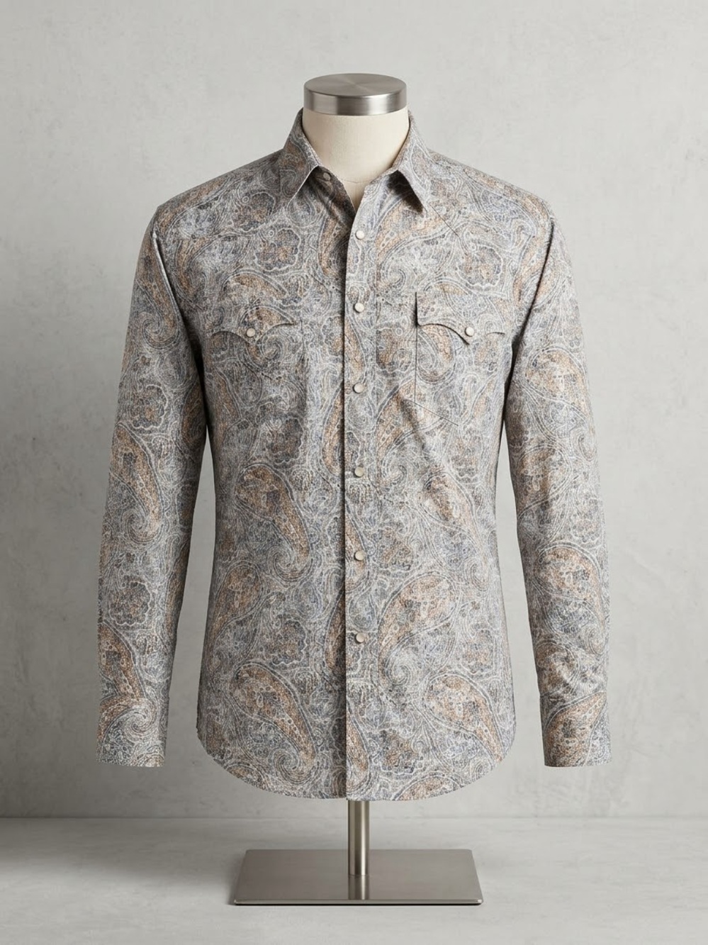 Panhandle Slim Pearl Snap Shirt Men’s L Paisley Tan Blue Western Long Sleeve